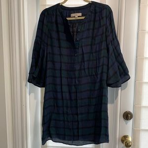 Loft green black navy tartan plaid shirt dress flare sleeves